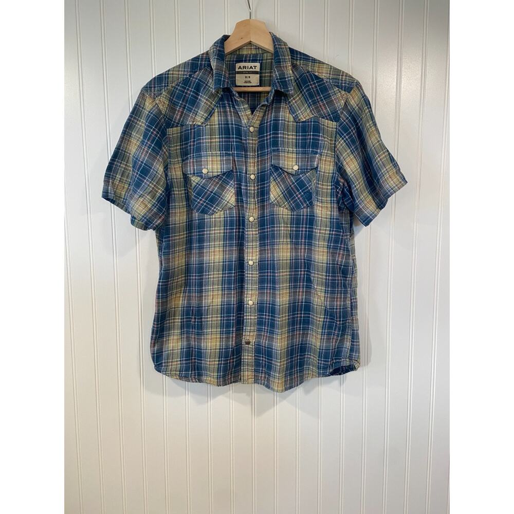 Ariat Shirt Men's M Plaid Flannel Blue Pearl Snaps Retro Fit, Western Rodeo
